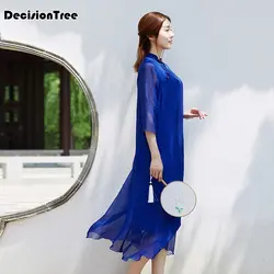 Новинка 2019 года китайский современный qipao стиль кран Вышивка шифоновое платье для девочек Восточный платья женщин шифон