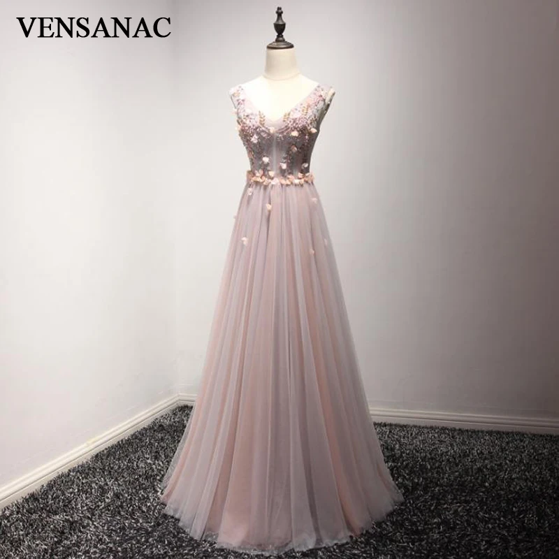 VENSANAC 2018 A Line Crystals Flowers V Neck Long Evening Dresses Elegant Tank Party Lace Beadings Tulle Prom Gowns