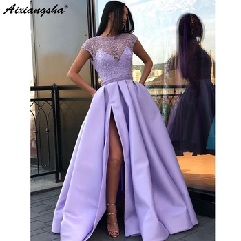 

Lavender Muslim Evening Dresses 2019 A-line Cap Sleeve Satin Lace Beaded Slit Dubai Kaftan Saudi Arabic Long Evening Gown Prom