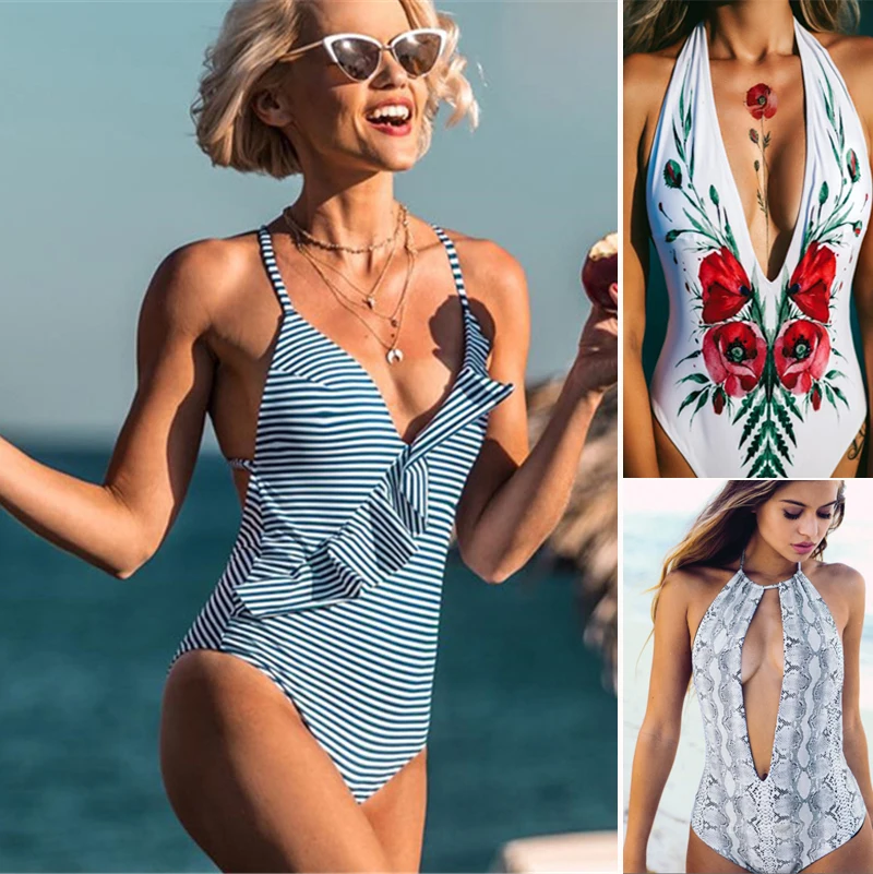 Günstig 2020 Sexy Retro Backless Floral Lady V Neck Plunge Bademode Frauen Ein Stück Badeanzug Weibliche Tanga Trikini Badeanzug Monokini