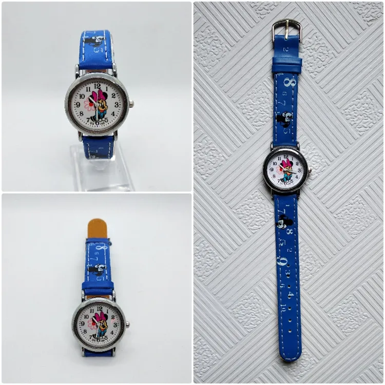 Модные Повседневное девочка часы с рисунком Minnie на циферблате детская обувь для девочек кожаные цифровые часы для детей мальчиков часы подарок на день рождения ребенка Кварцевые наручные часы - Цвет: Синий