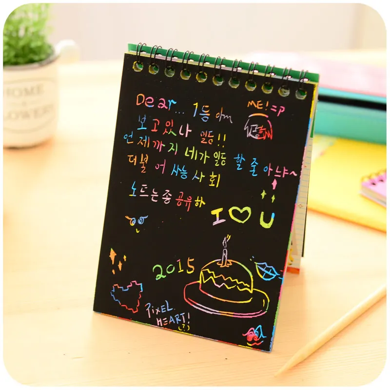 DIY Scratch Note Book with Wood Pencil Novelty Drawing Painting Sketch  Black Cardboard for Kids Toy Notebook Party School F626