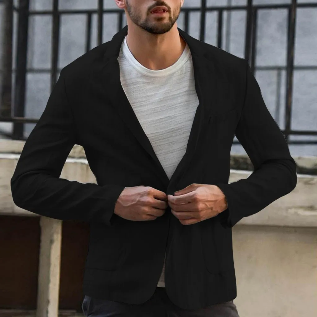 Hot Men Slim Fit Linen Blend Blazers Business Suits Solid Color Slim Dress Business Suit Long Sleeve Blazer Jacket Outwear