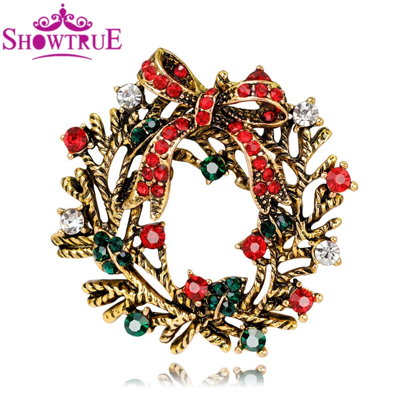 Merry Christmas Wreath Brooches Safety Pin Breastpin Accessory Fashion Jewelry Full Rhinestones Brooch New Year Women