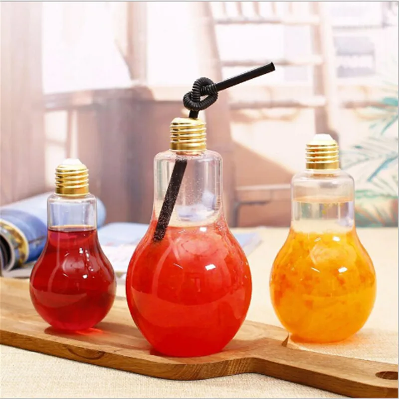 

New Bulb Water Bottle Brief Fashion Summer Creative Cute Milk Juice Light Bulb Shape Bottle Leak-proof Party Plastic Bottle