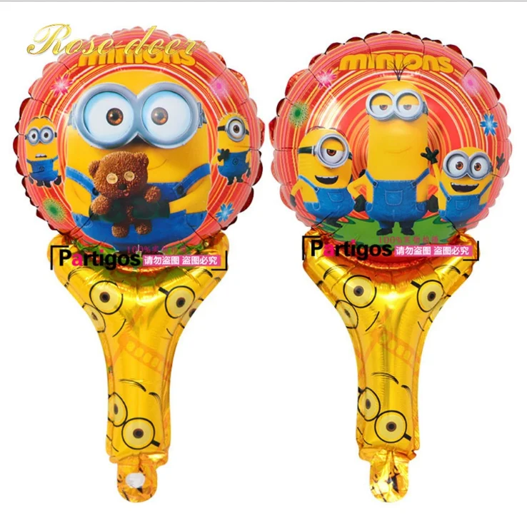 

50pcs/lot Cute Minions cartoon hand held Foil balloon Balloons printed handheld balloon toys for Kid Gift party layout