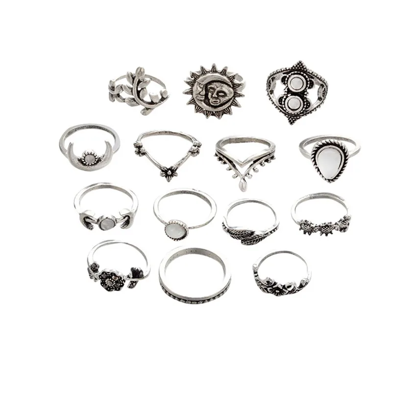 2018 Hot New Arrival Fashion Women Bohemian Vintage Silver Stack Rings Above Knuckle Blue Rings for women Ring Set J19#N (2)