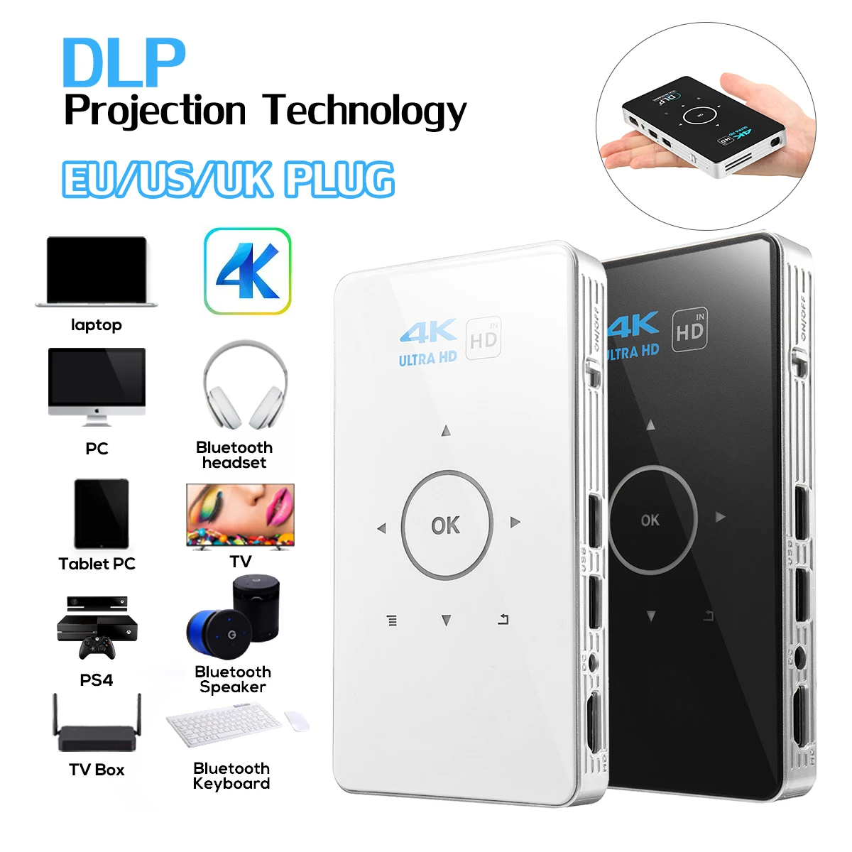 

4K Full HD Smart DLP Mini Projector LED Android 5G WiFi 1080P Home Theater HDMI