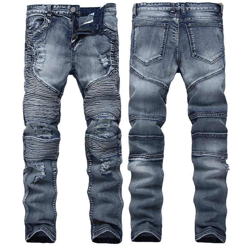 Мужские облегающие джинсы, тонкие эластичные потертые джинсы, байкерские джинсы, Мужские штаны в стиле хип-хоп, потертые мужские рваные джинсы для бега