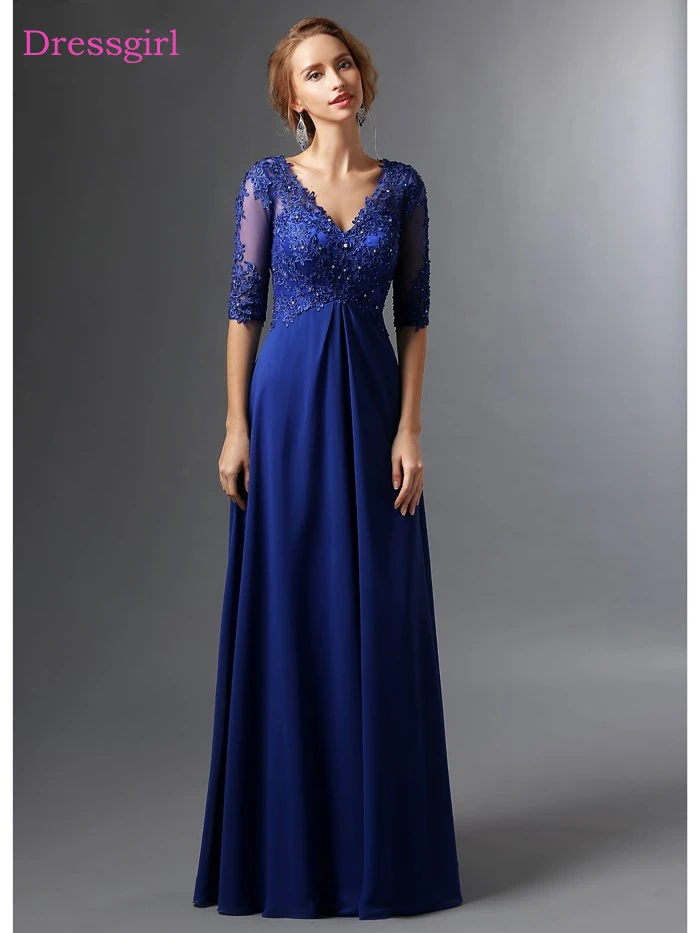 

Royal Blue 2019 Mother Of The Bride Dresses A-line V-neck Half Sleeves Chiffon Lace Long Elegant Groom Mother Dresses Wedding