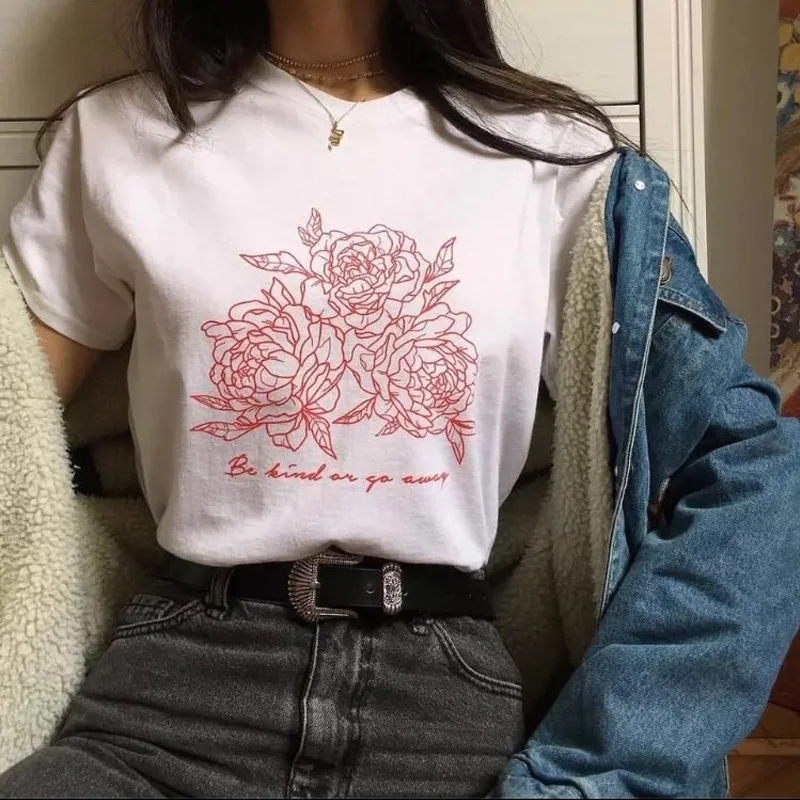 

Women New Style Flower Printed Kpop Fashion Tops Summer Short Sleeved White T Shirt Plus Size Tumblr Cotton T shirt Women Befree