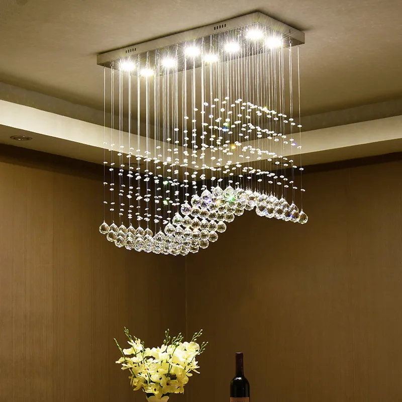 

Rectangle K9 Crystal Wave Chandeliers LED Hanging Lamp Art Decor Hotel Villa Modern Restaurant Suspension Lighting