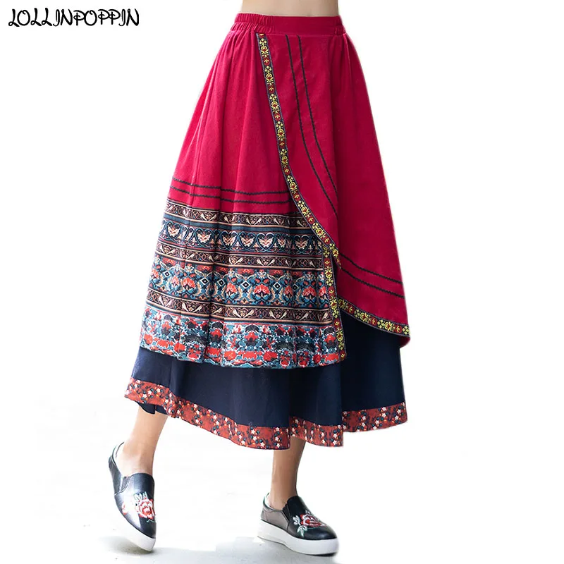 

Cotton & Linen Women Long Style Bohemian Skirt Elastic Waist Irregular Design Patchwork Layered Floral Boho Skirts