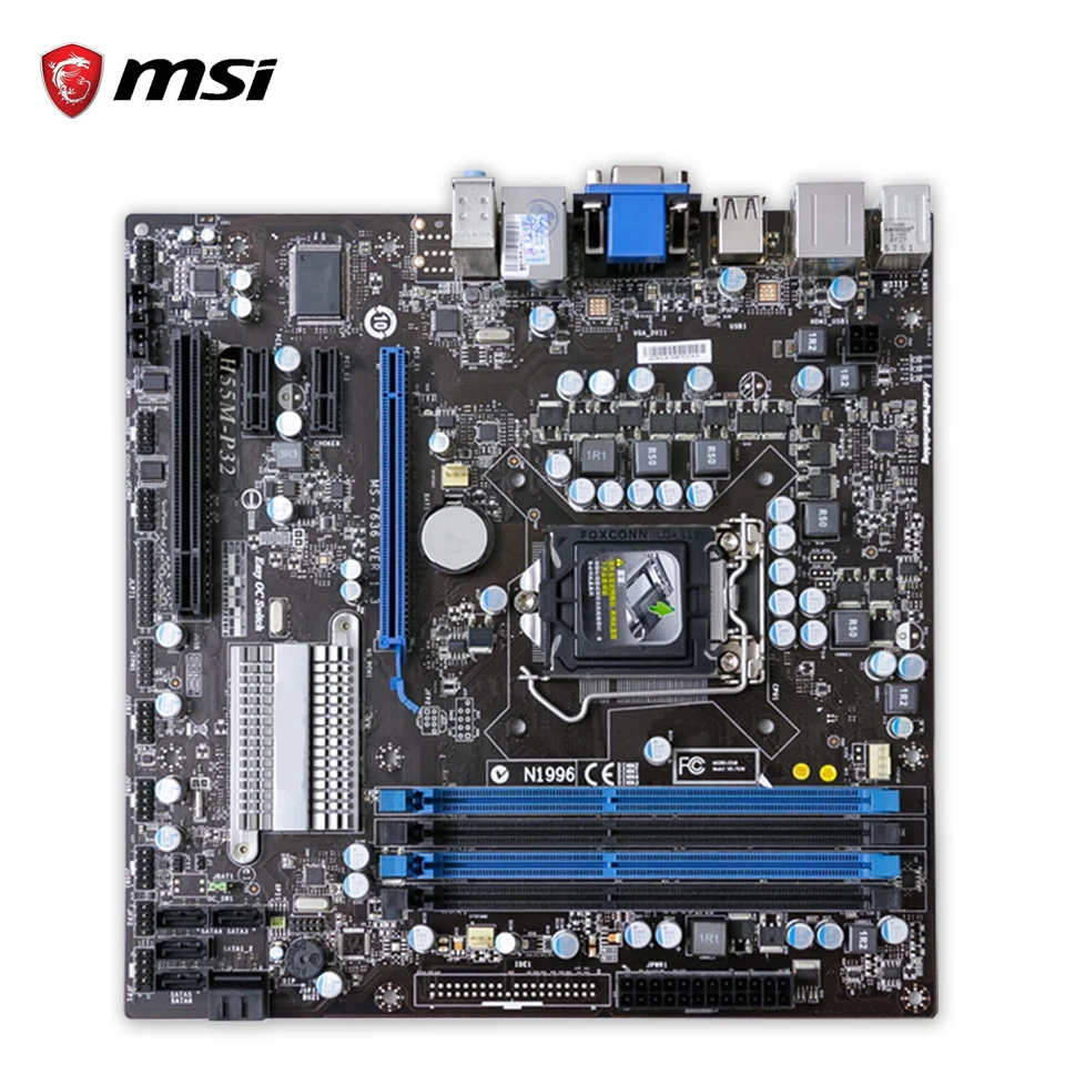 Original MSI H55M-P32 Desktop Motherboard H55 Socket LGA 1156 i3 i5 i7 DDR3 16G SATA2 USB2.0 Micro-ATX 100% Fully Test h55 atx lga 1156 computer motherboard w vga usb 2 0 pci multicolored