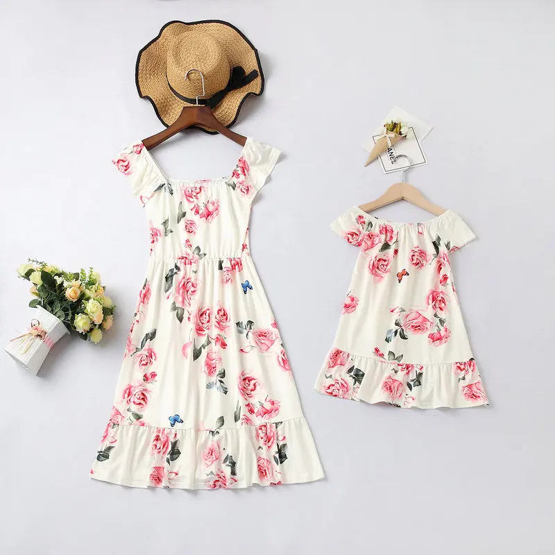 Family Mom Daughter Sleeveless Flower Dress Ruffle Matching Mother And Daughter Dresses Family Look Mommy and me Clothes Dress (8)