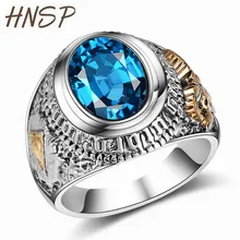 HNSP Vintage zircon azul cielo piedra dedo redondo anillo de plata para hombres joyería de personalidad masculina