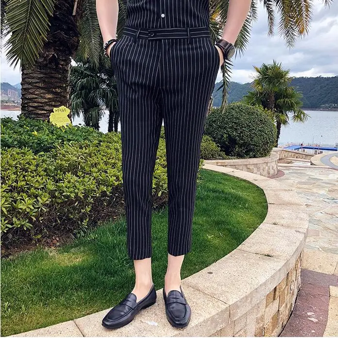 Качественные мужские полосатые брюки, черные белые Клубные модельные брюки, модные тонкие мужские брюки, повседневные мужские летние джинсы с открытой щиколоткой - Цвет: black