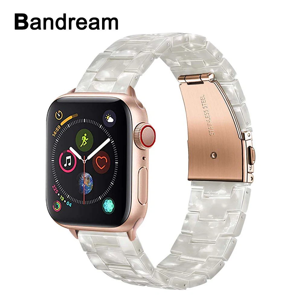 

Pearl Resin Watchband for iWatch Apple Watch Series 5 4 3 2 1 44/42/40/38mm Women Band Rose Gold Stainless Steel Buckle Strap