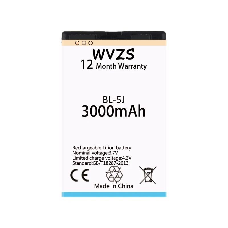 

wvzs 3000mAh Battery BL-5J For Nokia 5230 5233 5800 3020 Lumia 520 525 530 5900 Xpress Music C3 N900 X6 Lithium Batteries