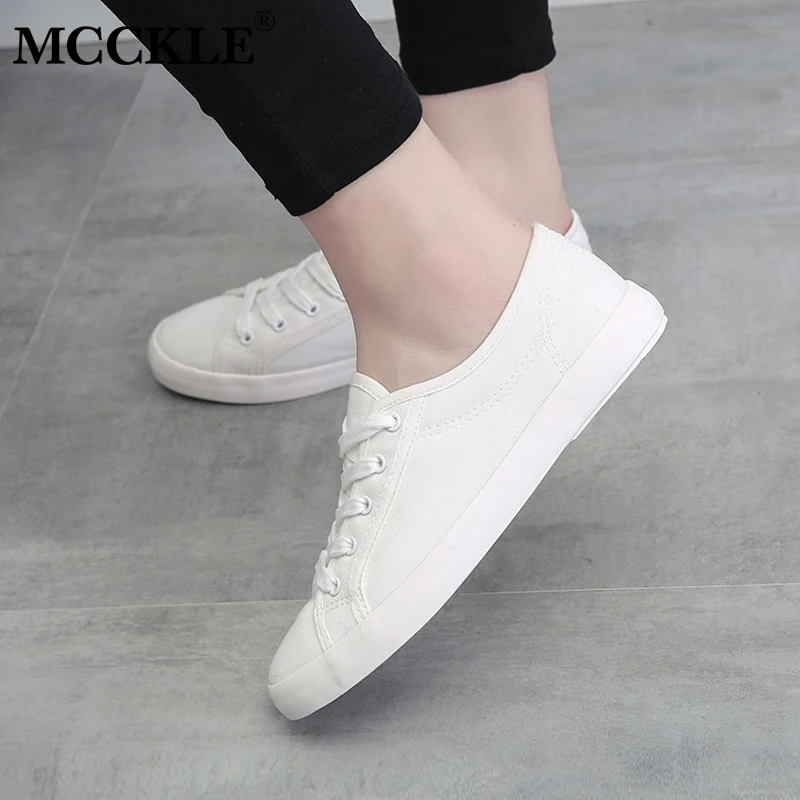 

MCCKLE Spring Women Vulcanized Shoes Lace Up Flat With Sneakers Fashion Sewing Female Canvas Casual Solid Walking Comfort Shoes