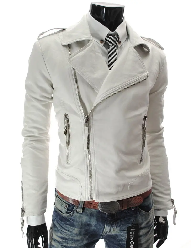 Горячая Распродажа модные повседневные мужские кожаные куртки персонализированные мульти молния большой лацкан мужские тонкие пальто куртка-95101 - Цвет: white