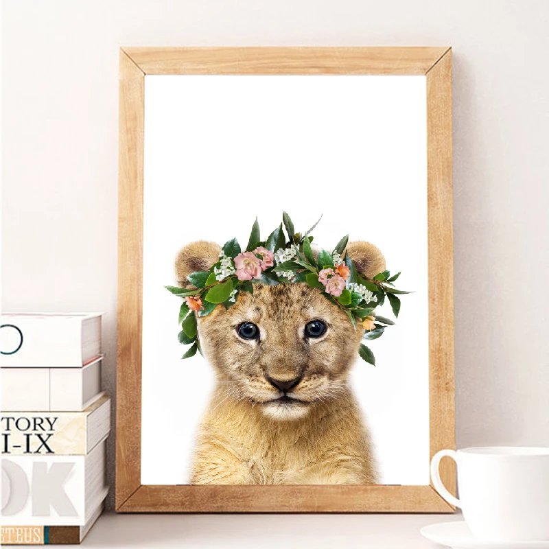 Affiche Imprimee De Bebe Lion Couronne De Fleurs Animaux De Pepiniere Toile D Art Murale Peinture Sur Image D Animaux Safari Decor Mural Pour Chambre De Filles Aliexpress