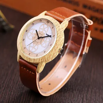

FanTeeDa 2018 new Men's Watch#FD061 Simple Arabic Digital Gear Dial Leather Wooden Quartz Alloy Casual Wrist Watch relojes a60