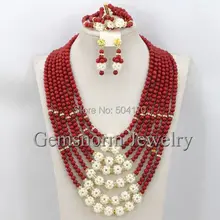 Последние модные красные коралловые бусины Свадебный комплект ювелирных изделий роскошное свадебное ожерелье комплект ювелирных изделий ручной работы CNR251