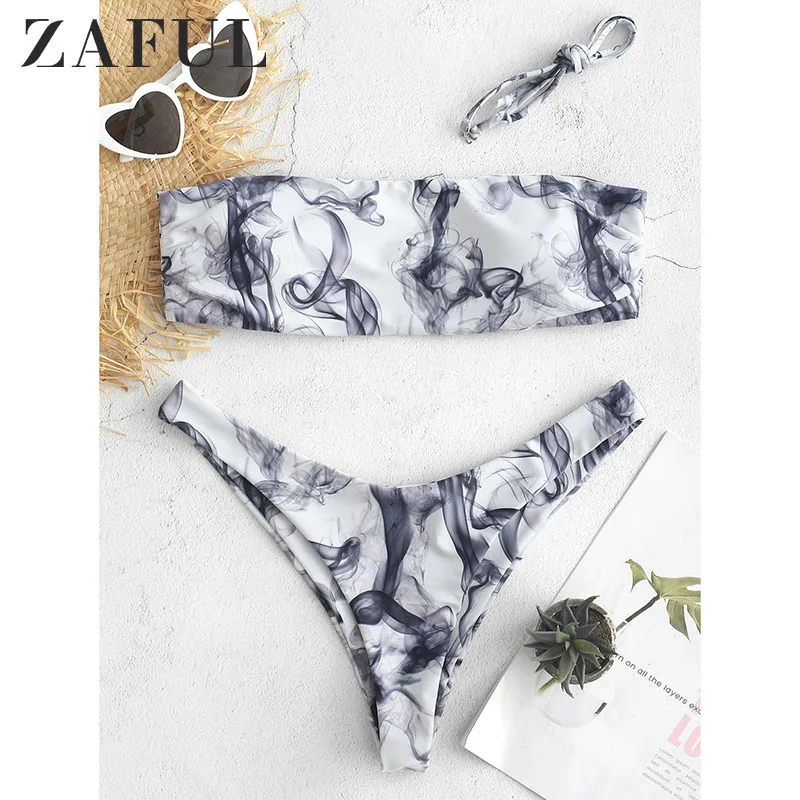  ZAFUL Smog Print Bandeau Bikini Set Women Strapless Padded Bikini Sexy Thong Bikini Swimsuit Beach 