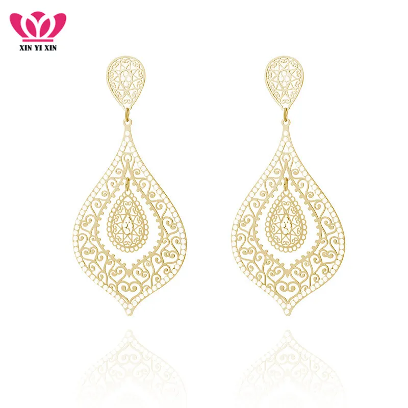 

High Quality Boho Style Hollow Water Drop Crystal Earrings Laser Copper Sculpt Drop Earrings Femme Pendiente Wholesale Price