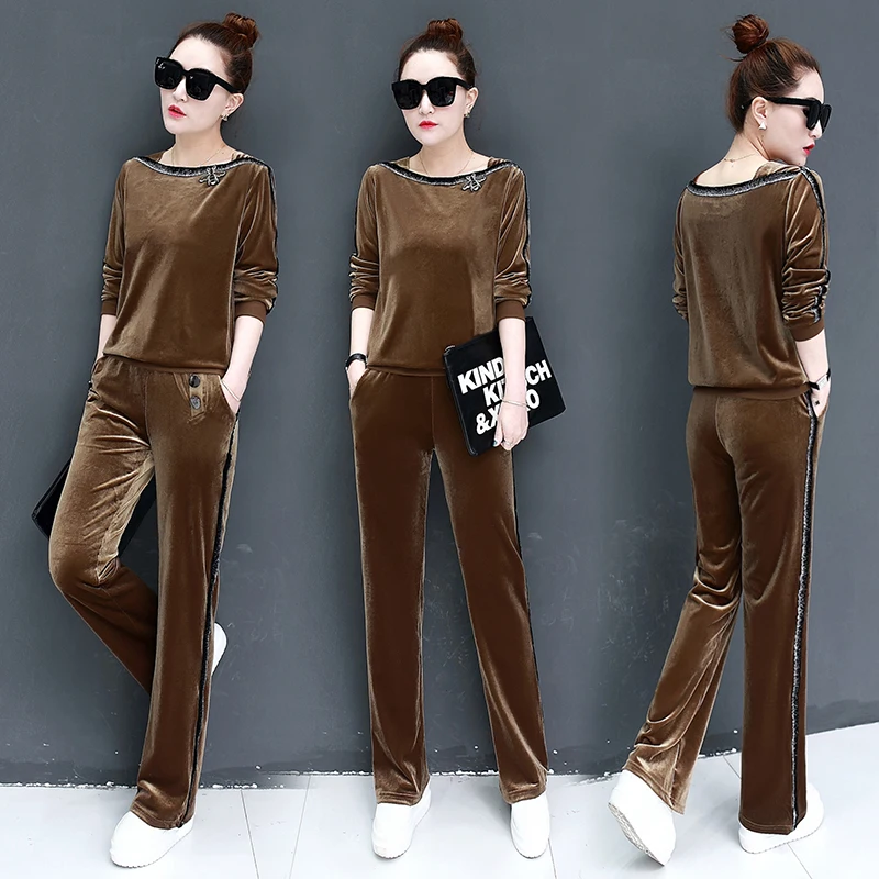 woman suit 2018 autumn and winter new casual gold velvet long-sleeved clothes + fashion slim trousers wild temperament two-piece Women's Sets