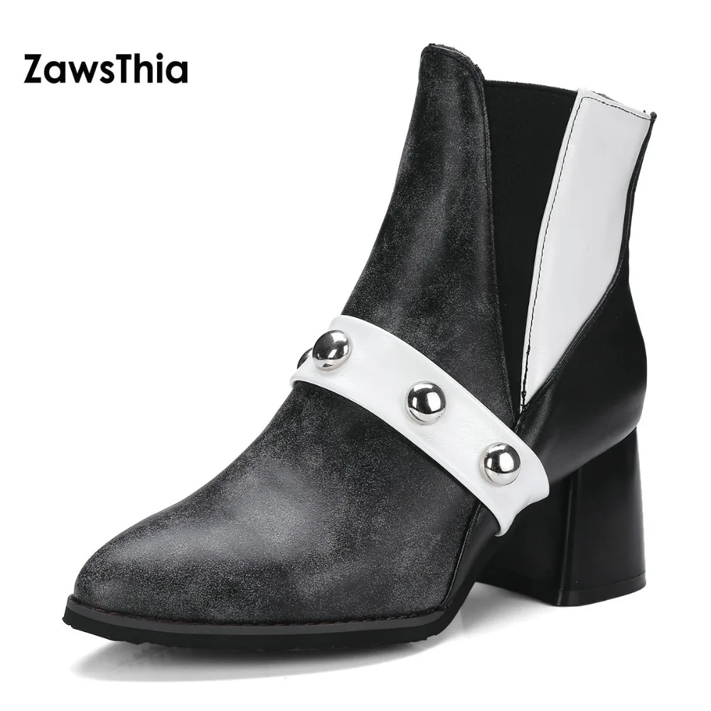 

ZawsThia Fashion Gray Pointed toe Studded Chelsea Ankle Boot Hoof High Heels Short Boots Autumn Boots Shoes Winter Woman Shoe