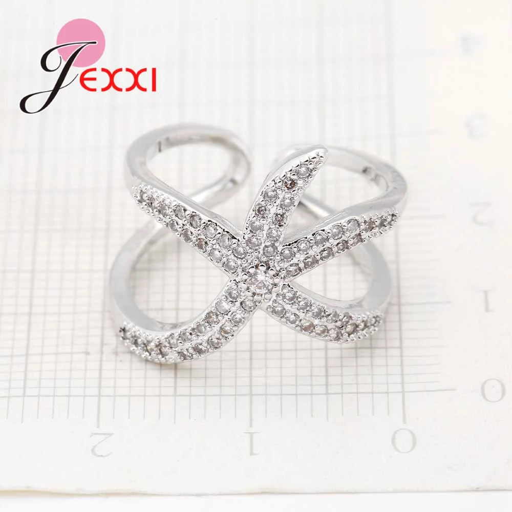 JEXXI Newest Original S90 Silver Adjustable Ring Big Starfish Paved Shiny White Crystals Opening Rings Women Accessory