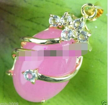 

huij 003372 Fsanion Women's Natural Pink Jade Teardrop Gems 18KGP Necklace Pendant 2pc