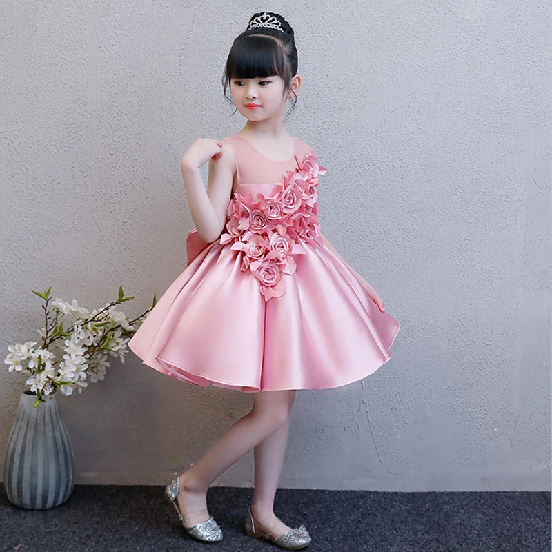 Атласное Бальное Платье; торжественное платье для девочек; Платье До Колена с цветочным узором для девочек; платье-пачка принцессы без рукавов с аппликацией; детское платье; AA228
