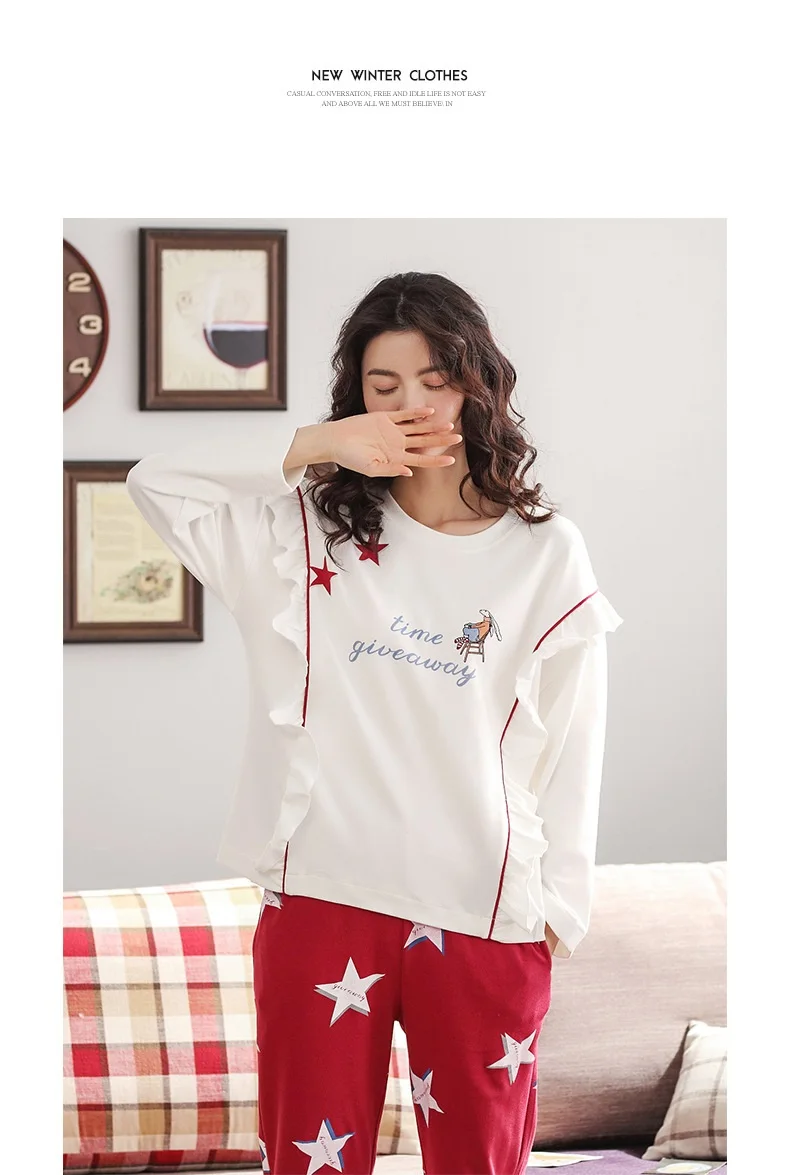 Autumn Winter Korean Cotton Long Sleeves Cotton Trousers Ladies Print Home Clothes Suit Pijama Mujer Invierno White Sleepwear
