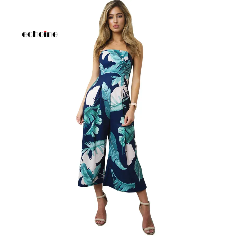 

Echoine Women Jumpsuit Floral Print Sexy Strapless Off Shoulder Chiffon Loose Long Wide Leg Pants Lady Elegant Romper Streetwear