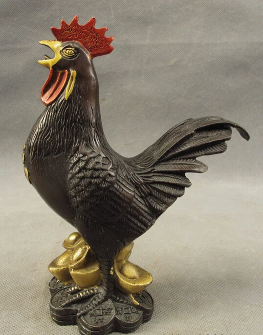 

S3242 Folk Chinese Bronze Gilt Year Zodiac Wealth Coin YuanBao Fu Cock Rooster Statue D0317