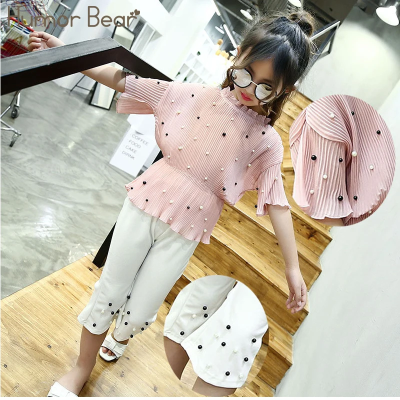 

Humor Bear Girls Clothes Set Pearl chiffon lady Leisure Girl Clothing Sets coat+Pants 2Pcs Summer Suits Kids Clothes