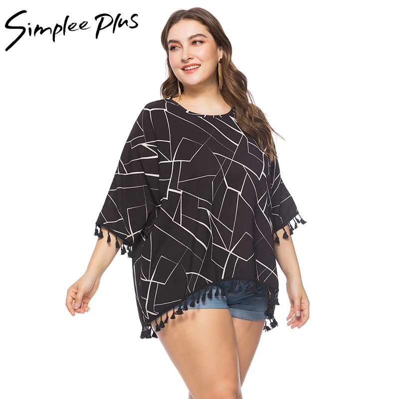 

Simplee Plus 2019 Summer Women Floral Casual Blouse Shirt Plus Size Chiffon Batwing Tops Blouse Tassel White Blouse Large Size