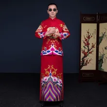 Show men’s clothing pratensis chinese style wedding Gown red embroidery groom evening Long gown kimono jacket tang suit costume