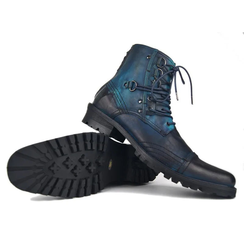 Зимние мужские ботильоны из натуральной кожи в байкерском стиле; вечерние офисные ботинки на шнуровке; обувь на квадратном каблуке в стиле панк; безопасная обувь; цвет синий; большие размеры