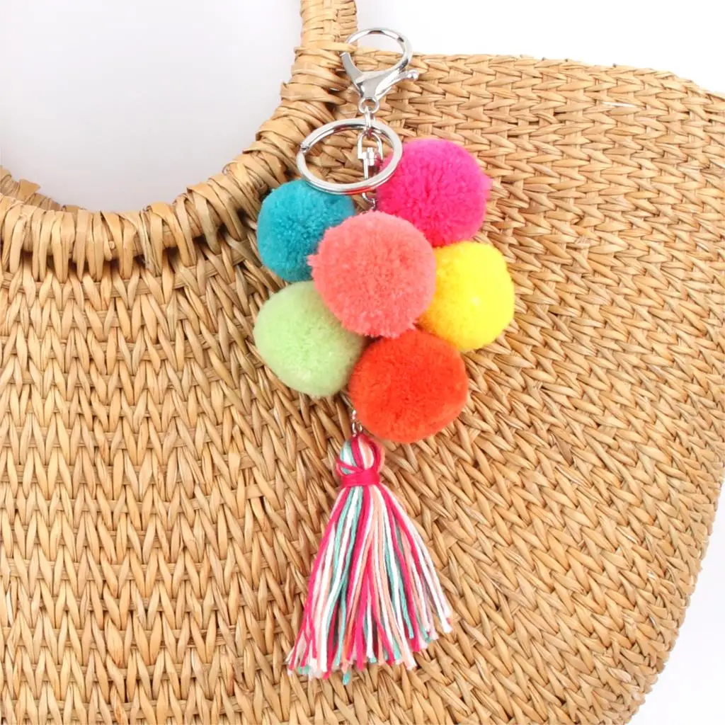 Handmade Colorful Pom Pom Ball Handbag Charms Keychain Key Rings