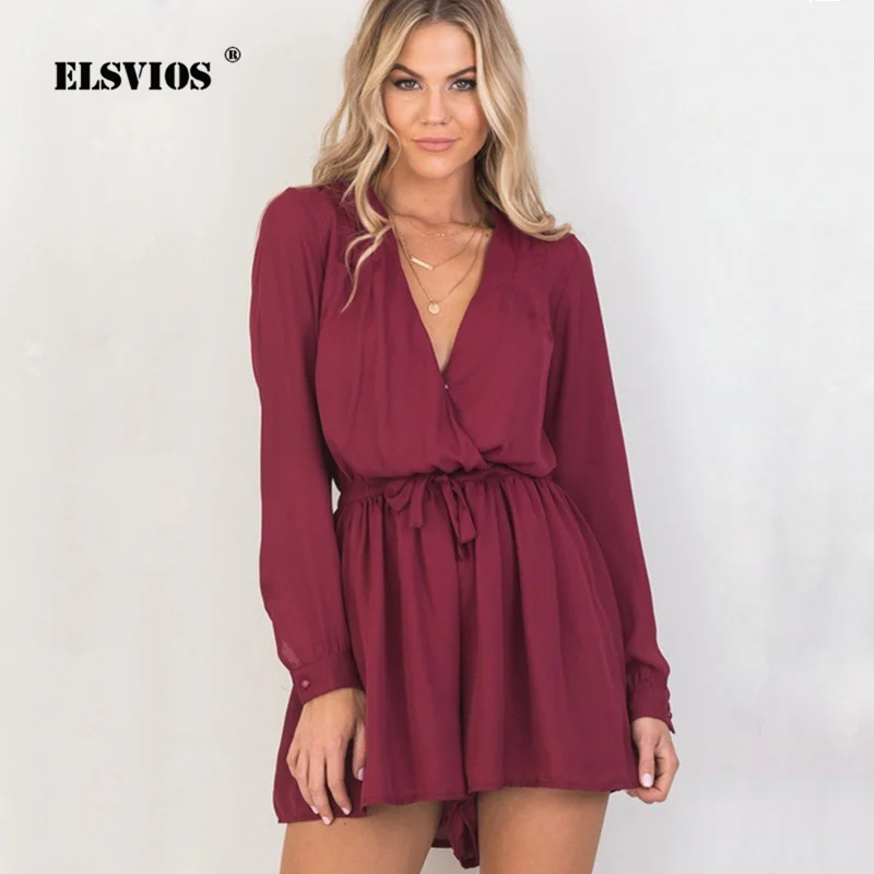 

ELSVIOS Casual Long Sleeve V Neck Beach Chiffon Rompers Women Summer Open Back Stretch Waist Sexy Playsuits Lady Short Jumpsuits
