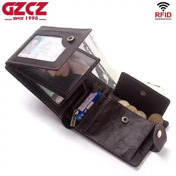 

GZCZ 2019 Men Wallets Fashion Short Coin Purse Mens Genuine Leather Wallet Trifold Rfid Wallet Photo Holder Portomonee Money Bag