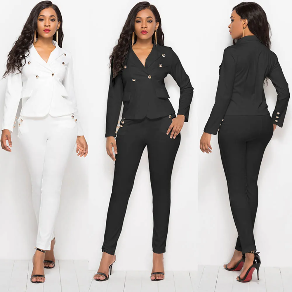 2019 Women Suits White Office Lady Two Piece Sets Blazer Jacket Fit Pants Casual Single Breasted Buttons Suits LMT-YD5079
