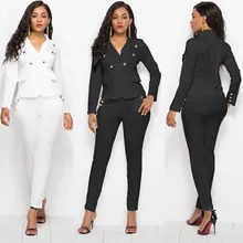 2019 Women Two Piece Sets Suits Black Office Lady Blazer Jacket Fit Pants Casual Single Breasted Buttons Suits LMT-YD5079