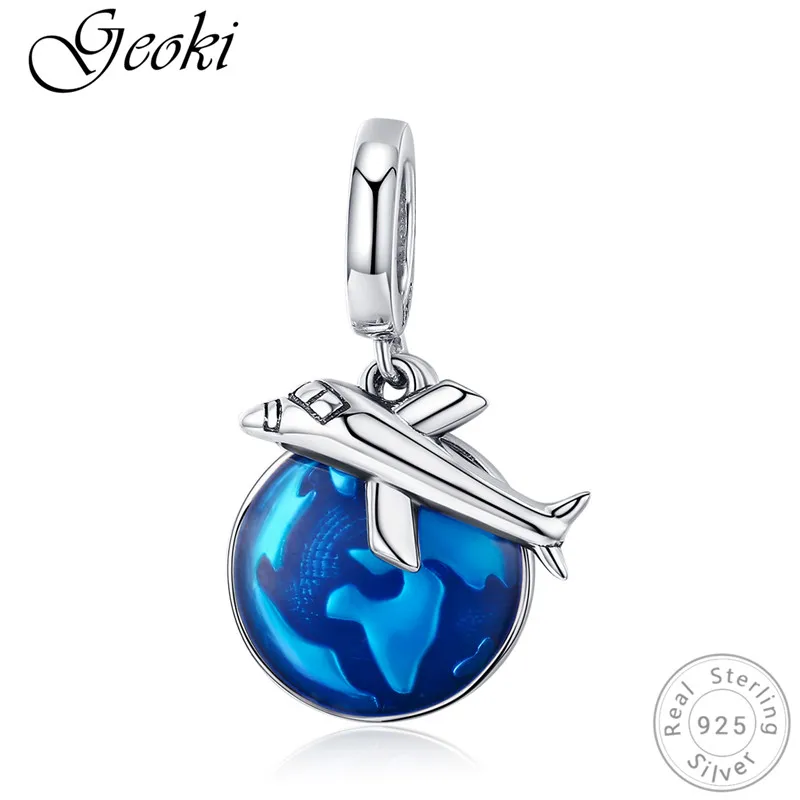 

Geoki 925 Sterling Silver Blue Earth&Airplane Charms fit Original Pandora Bracelet Travelling Flight Shaped Necklace Pendant