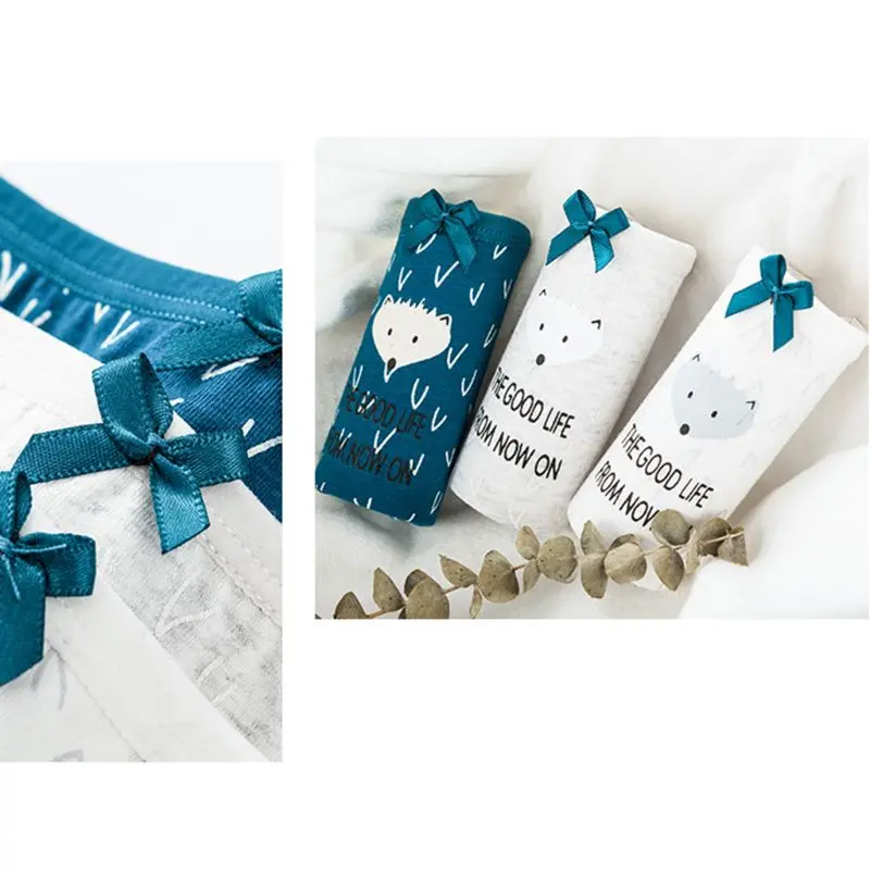 Women Teens Girls High Waist Cotton Menstrual Sanitary Underwear Cute Cartoon Animal Fox Printed Briefs Bowknot Decor Leakproof