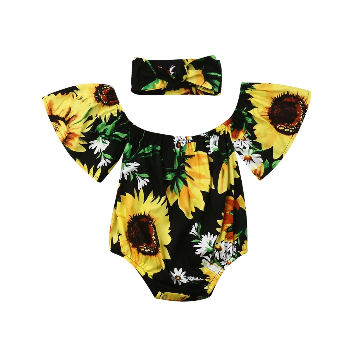 

2019 Canis Summer 2Pcs Newborn Baby Girl Off-Shoulder SunFlower Bodysuit Sunsuit Casual Outfits